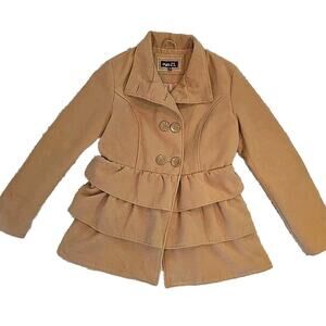 RUE 21 Women's Pea Coat With Ruffle Camel Color Size Large Double Breasted